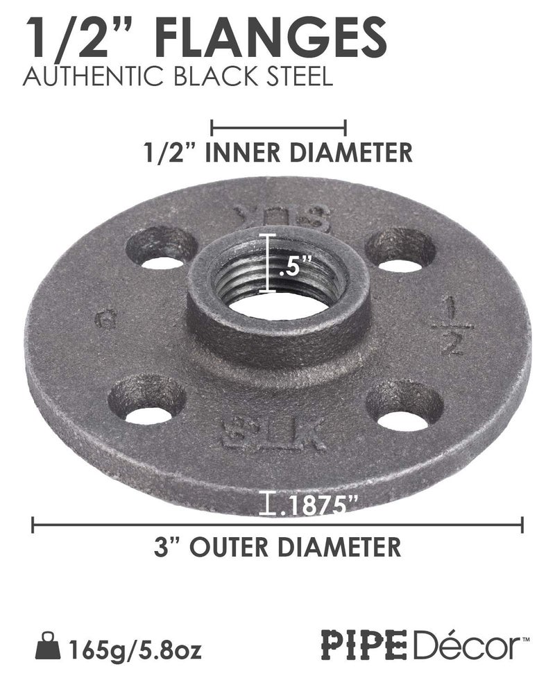 PIPE DECOR 1/2" Flange Fitting, PIPE DECOR Black Malleable Iron Fittings Fit Standard 1/2 Inch Pipes, Nipples and Fittings, Build Vintage DIY Furniture, 10 Pack - Image 2